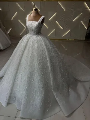 Luxury Square Neck Sleeveless Pearl Beaded Ball Gown Wedding Dress 2026 Train Bridal Gown Plus Size Vestido De Novia Custom