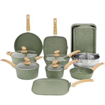 Multi Functional Eco-Friendly Metal Green Nonstick Granite Coated 12-Piece Cookware Set Pots Grill Pan Steamer Induction Novelty