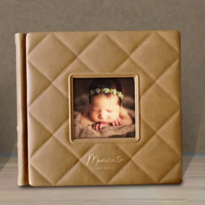 2021 New Fashion Style Luxury Pu Leather Cover Photo Book Cover Embossed Children Photo Album with Window Brown