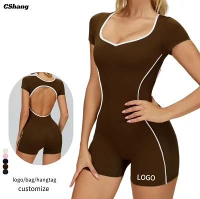 Custom Logo Beautiful Diamond-shape Collar Fitness Bodysuit Open Back Workout Jumpsuit Outdoor Women's Yoga Training Playsuits