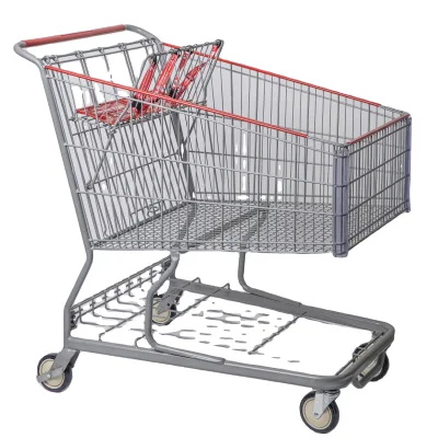 Big Size 275 Liter Grey E-coated Anti-rust Strong Supermarket Shopping Cart with 5-inch PU Wheels and Unfolding Design