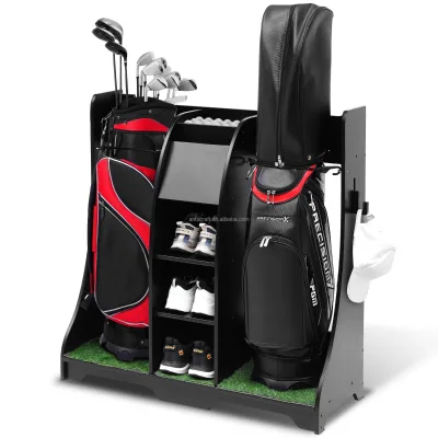 Wooden Golf Bag Stand Holder With Wheels Golf Storage Organizer for Golf Bags Clubs Balls and Other Equipment Accessories