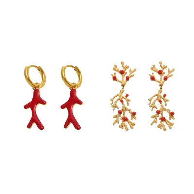 Classical Red Coral Beaded Earrings Oil Dripping Craft Stainless Steel Vintage Style Jewelry