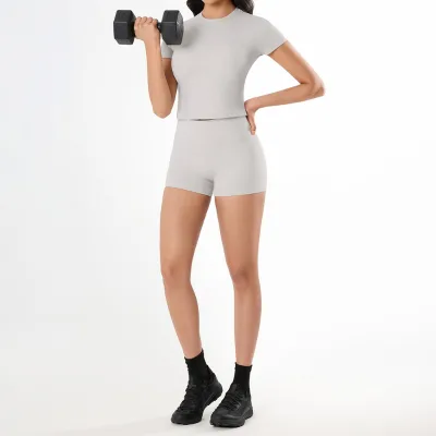 Breathable Seamless Spandex/Nylon Cropped Tight Fitting Running Workout Top Pilates Fitness Short-Sleeve T-Shirt Women Front