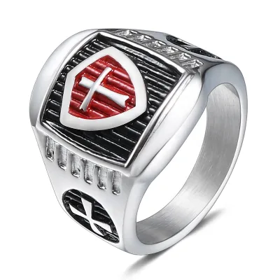 Men's Stainless Steel Jewelry Knight Templar Jesus Cross Ring Red Enamel Punk Finger Ring for Male