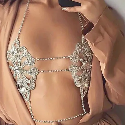 Sexy Hot Sales Brass Gold Silver Plated Copper Alloy Crystal Rhinestone Flower Shape Bra Cross Chain Body Anniversary Gift