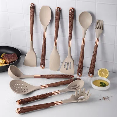 Eco-Friendly Wood Hand Grip 10-Piece Food Grade Silicone Utensil Set with Heat Resistant Spatula and Storage Bucket
