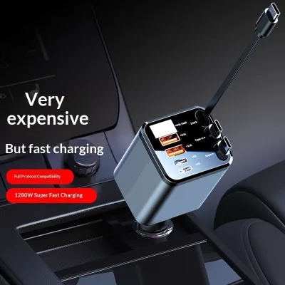 Car Fast Charger, Retractable Cable Car Charger Cigarette Lighter Adapter for iPhone Android Phone, Vehicle USB Quick Charging