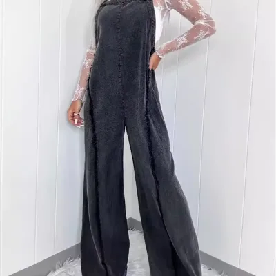 Women's Denim Jumpsuit Wide Leg Strapless Romper Casual Summer Outfit Comfort Fit Fashionable One Piece Ladies Black Overalls
