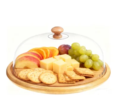 Bamboo Rotating Cake Stand With Dome Cover, Round Cake Plate With Acrylic Lid and Wood Top