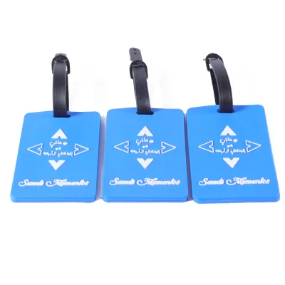 Custom PVC Blue Embossed White Logo Adjustable Luggage Tag for Travel Agency Airline Promotional Gift Giveaway