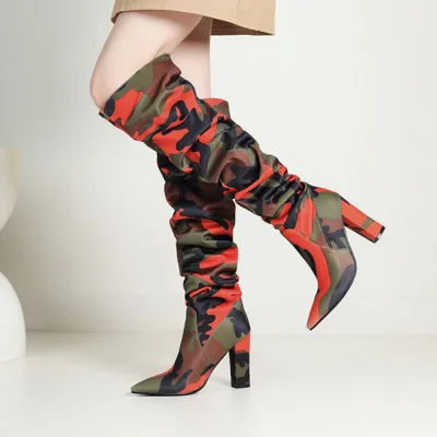 Womens Knee High Boots Microfiber Leather Camouflage Ruched Block Heel EVA Rubber Sole Fashion Boots for Women All Seasons
