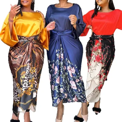 2025 Hot Selling Women's Casual Loose Tie Printed Fashion Long Top O-Neck Woven Chiffon Two-Piece Set in XL Size for Summer