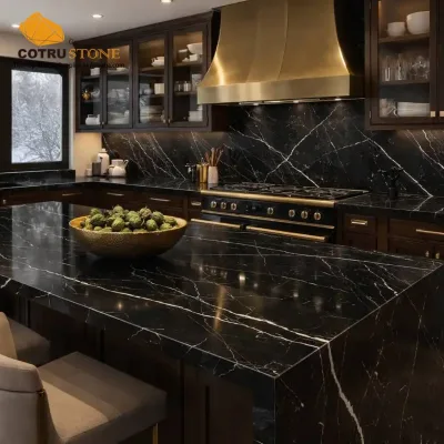 Luxury Natural Stone Black Marquina Marble Kitchen Island Countertop for Villa Apartment Modern Style