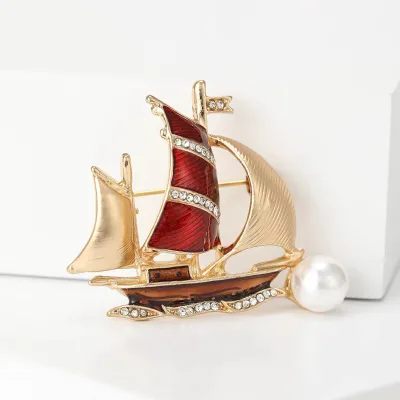 Smooth Sailing Tungsten Ship Sail Brooch High-End Niche Luxurious Corsage Pearl-Accented Vintage Pin Womens Apparel Accessory