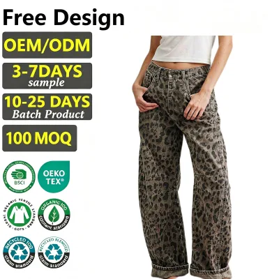 Women Leopard Print Wide Leg Jeans Vintage Washed Baggy Denim Pants Y2K Streetwear Casual Ladies Denim Trousers Women's Clothing