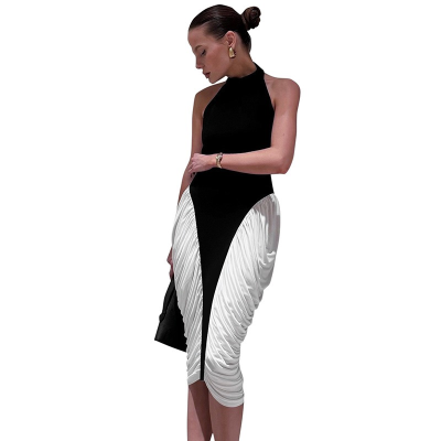 Patchwork Halter Backless Sexy Midi Dress Women Gown Elegant Fashion Black White Contrast Color Sleeveless Pleated Long Dresses