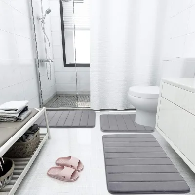 Antibacterial 3-Piece Striped Memory Foam Bath Rug Water Absorbent Low-Temperature Resistance 1.4cm Thicker for Home & Hotel Use
