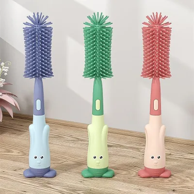 3-in-1 Cute Rabbit Bunny Stand Design Silicone Pacifier Bottle Brush Set with Animal Handle for Baby Care