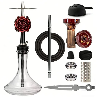 Luxurious Arabian Luxury Bent Type Hookah Pipe Mirror Finish. High-quality Single Tube Stainless Steel Set Featuring Rose