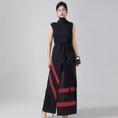 Miyake Women's High-End Fashion Suit Complete Set with Irregular Sleeveless Jacket Lace-up Joker Pants Two-Piece Set
