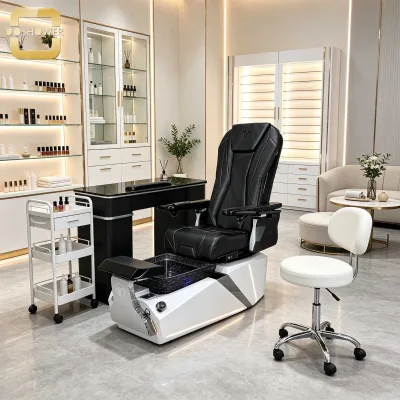 High End Black Stone Top Manicure Table Silver Trim Nail Workstation for Beauty Salon & Nail Studio