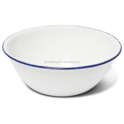 Vintage White Round Enamel Camping Outdoor Metal Bowls with Blue Rim