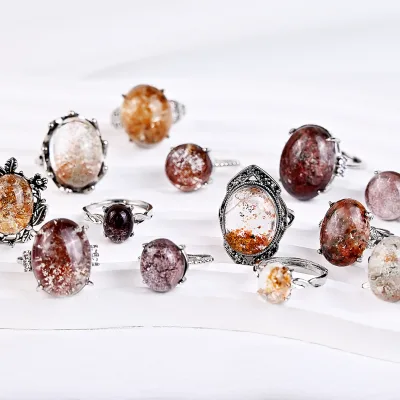 Hot Sale Natural Healing Stone Ring Adjustable Claw Setting Gemstone Ring Garden Quartz Phantom Crystal Rings