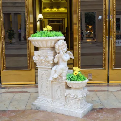 High Heel Design Europe Style Large Flower Pot with Cherub Sitting Pillar Sculpture Floor Standing Statue Planter Pot