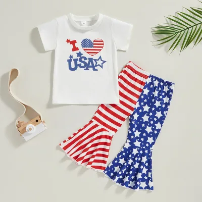 Baby Girl Independence Day Clothes Set Printed Children's Short Sleeve T-Shirt Striped Flared Pants 2 Piece Cotton Kids Suit