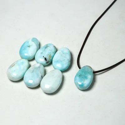 Natural Hemimorphite Larimar Teardrop Pendant Necklace Stone Light Blue Drilled Bead DIY Jewelry Making Unisex Healing Crystal