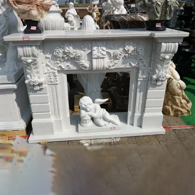 Natural White Marble Fireplace Mantel Surround With Flowers