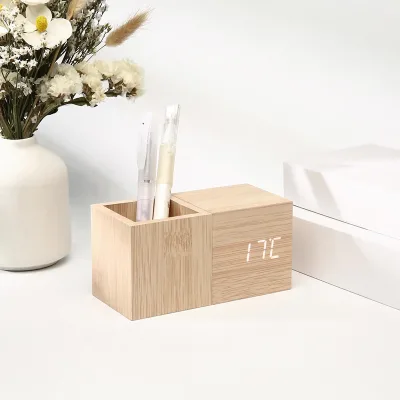 Creative Led Bamboo Pen, Cylinder Clock Multi-functional Digital Electronic Wood Clock Intelligent Alarm Quartz Bedside Mute/