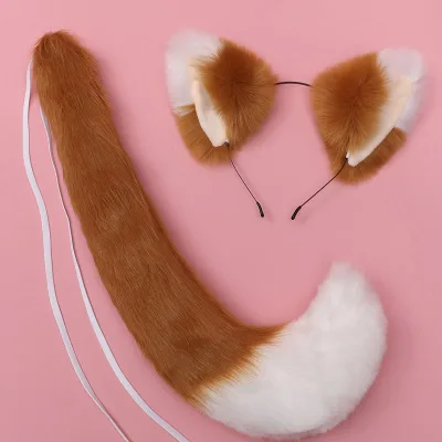 Party Decoration Halloween Costume Accessories Lolita Cosplay Plush Brown Fox Ears Headband and Tail 2PC Kit for Women