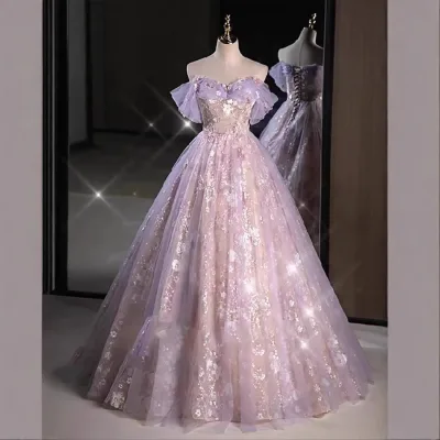 2025 New Purple One-shoulder High-end Elegant Sequined Evening Dress For Women
