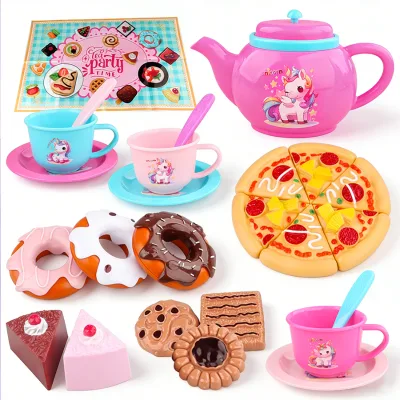 Girl's Fantasy Baking Tea Party, 25-piece Pretend Play Toy Set, unicorn Pattern, Suitable for 3 Kids Tea Play