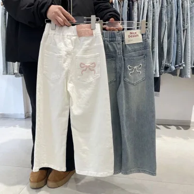 New Girls' Early Spring Cotton Solid Jeans Straight Pants Large Children's Narrow White Long Pants