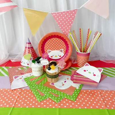 Kitten Cat Theme Disposable Party Tableware Set Paper Birthday Party Supplies and Decorations Favor Set