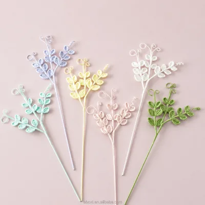Home Decoration Flower Arrangement Wholesale Handmade Crochet Pea Leaf Branch Knitted Yarn Artificial Greenery Plant Decor