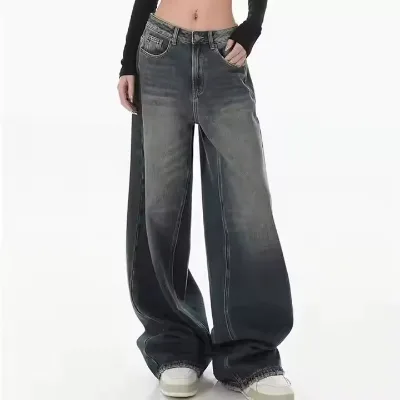 Hot Selling Y2K Dark Mid Waist Loose Fit Denim Wide Leg Jeans for Women Summer High Street Streetwear Casual Party Wear