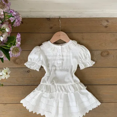 Ni Children's Clothing 2025 New Girls' Suit Lace Collar Short-sleeved Shirt Female Baby Korean Princess Fart Skirt.