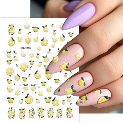 5D Embossed Lemon Fruit Nail Stickers Self Adhesive Summer Nail Decals Waterproof Fresh Fruit Nail Art for Press on Nails