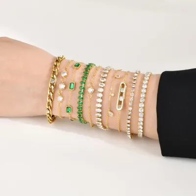 Fashion PVD Gold Plated Stainless Steel Green Cubic Zirconia Dainty Snake Butterfly Tennis Link Chain Bracelets