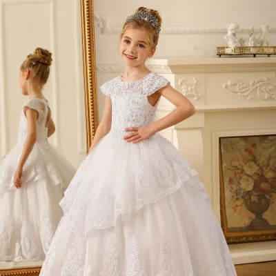 2023 New Design Wedding Tulle Lace Ball Gown Tiered Flower Girls' Dresses Red Wedding Dress Tulle