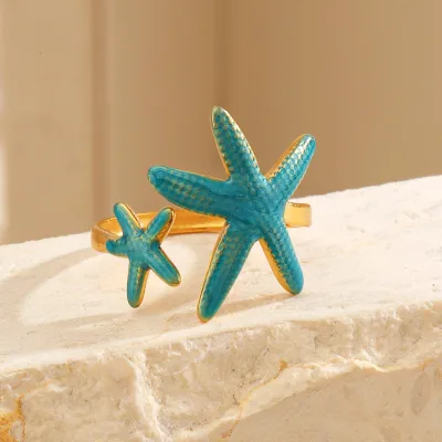 European and American Fashion-Inspired Starfish-Shaped Ring with Oil-Drip Design, 18K Gold-Plated Stainless Steel, Wholesale.