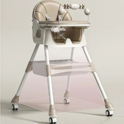 Foldable Multifunctional Baby High Chair With Wheels Adjustable Toddler Feeding Chair With Detachable Tray and Safety Harness