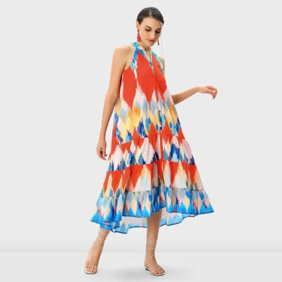 Aschulman Custom 2023 Casual Clothing Summer Beach Boho Ikat Print Voile Tiered Trapeze Women Bohemian Dresses