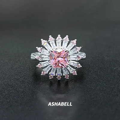 925 Silver Premium Little Daisy Princess Cut Pink Zirconia Gemstone Ring for Women