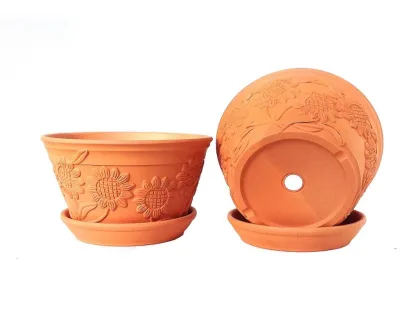 mini terracotta pots wholesale Set of 2 Raised Sunflower Embellished Natural  Garden with Tray