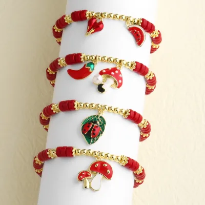 FLBBG48Playful Red and Gold Plated Beaded Charm Bracelet with Nature - Inspired Pendants for Outdoor Events and Casual Days